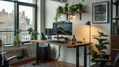 A home office designed for productivity, with a standing desk, task lighting, and smart tech tools that help streamline workflow.