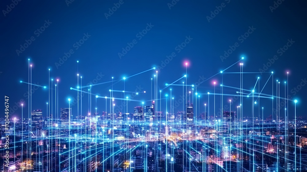 Fototapeta premium Cityscape with glowing lines connecting buildings.