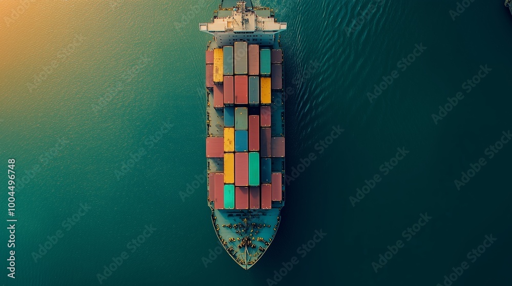Aerial view of a cargo ship loaded with colorful containers navigating through tranquil waters at sunset Aerial view of a cargo ship loaded with colorful containers navigating through tranquil waters at sunset