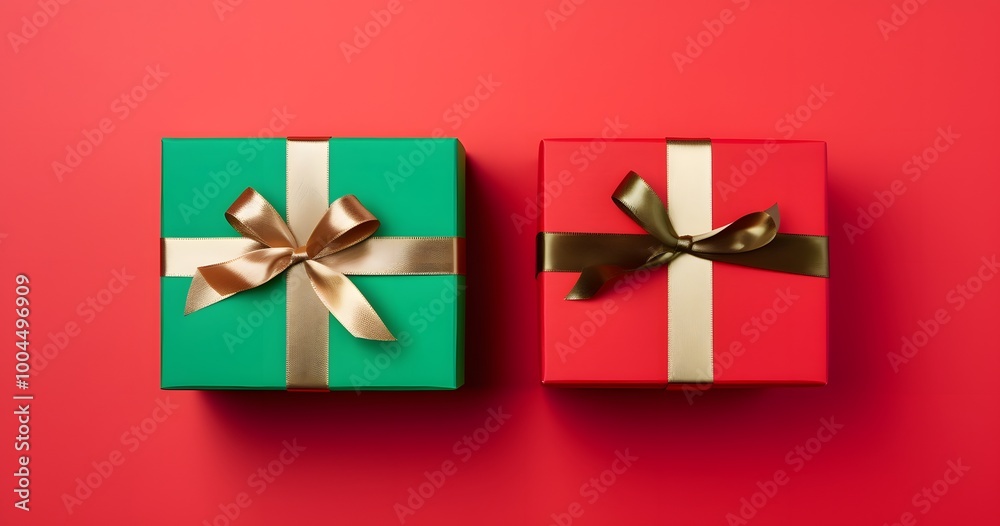 Two Christmas Gift Boxes With Ribbons On Red Background Two Christmas Gift Boxes With Ribbons On Red Background
