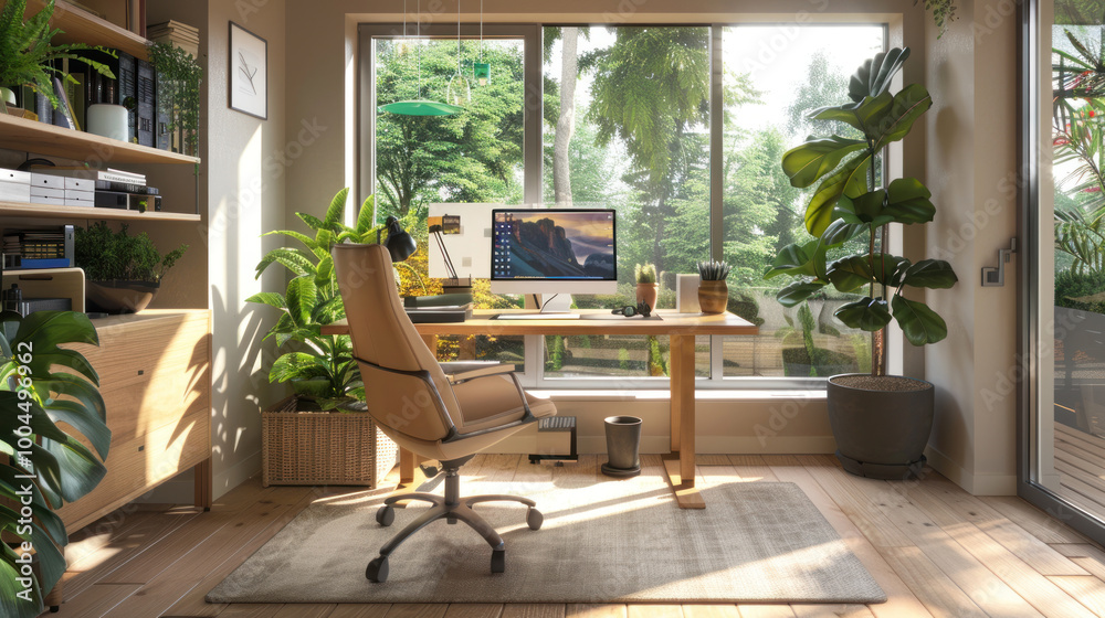 A home office designed with sustainability in mind, featuring eco-friendly products and energy-efficient tech to reduce power consumption. A home office designed with sustainability in mind, featuring eco-friendly products and energy-efficient tech to reduce power consumption.