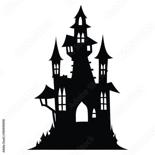 a black and white silhouette of a castle. The castle is tall and has multiple towers with pointed spires on top