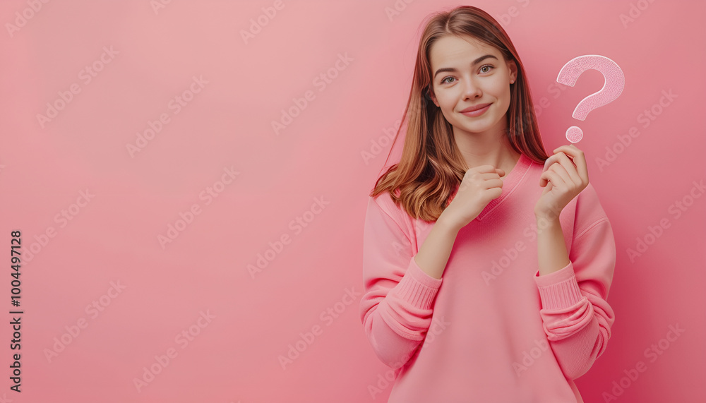 Woman holding question mark on pink background. Space for text Woman holding question mark on pink background. Space for text