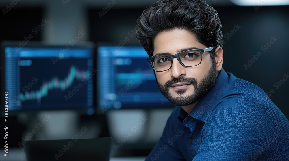 A determined young man in glasses is engaged with his laptop, examining stock market charts and simultaneously creating a logo using a graphic tablet in a busy office A determined young man in glasses is engaged with his laptop, examining stock market charts and simultaneously creating a logo using a graphic tablet in a busy office
