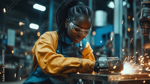 Black woman operating a welding machine in a workshop. Industrial job photo. Craftsmanship and skilled labor concept.