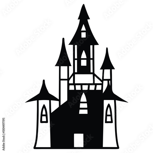 a black and white silhouette of a castle. The castle is tall and has multiple towers with pointed spires on top