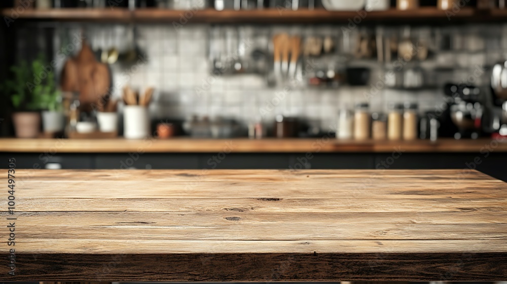 Wooden tabletop with a blurry background of a rustic kitchen with shelves, utensils, and a counter. Wooden tabletop with a blurry background of a rustic kitchen with shelves, utensils, and a counter.