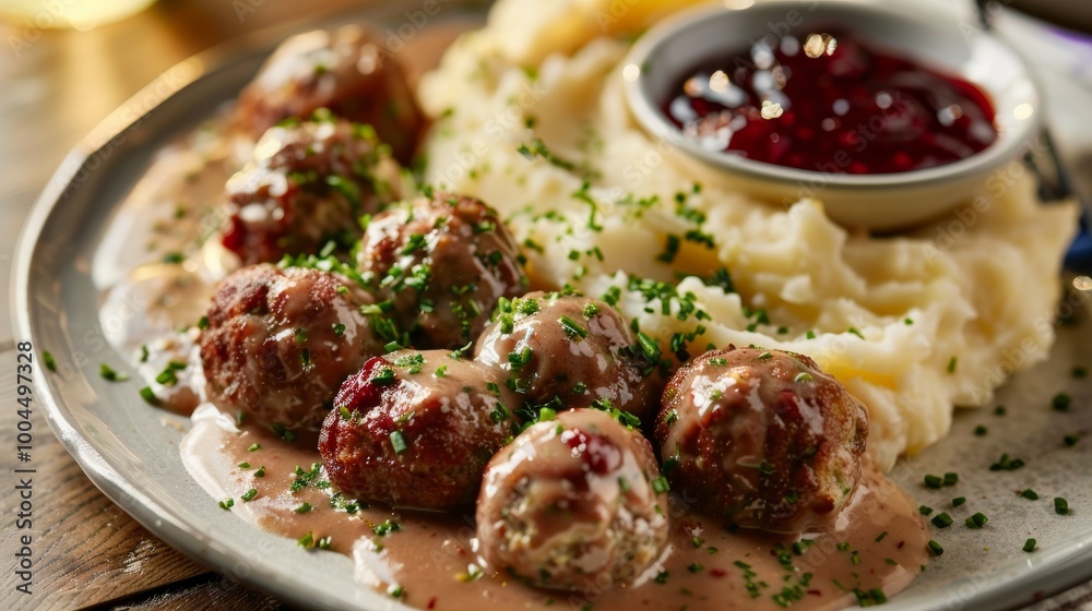 Traditional Swedish dish featuring savory meatballs served with creamy gravy, sweet lingonberry jam, and smooth mashed potatoes on a plate. Traditional Swedish dish featuring savory meatballs served with creamy gravy, sweet lingonberry jam, and smooth mashed potatoes on a plate.