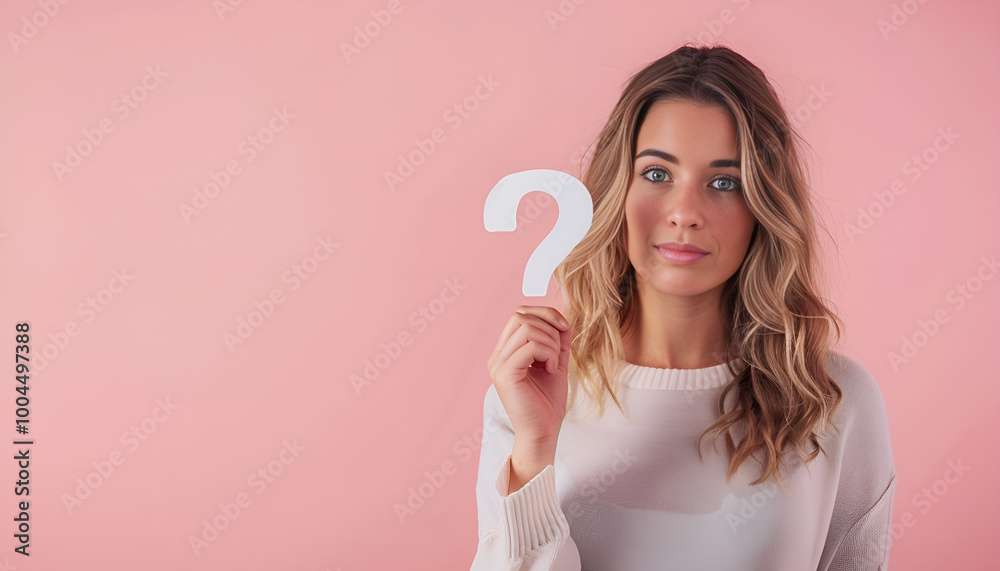 Woman holding question mark on pink background. Space for text Woman holding question mark on pink background. Space for text