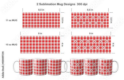 Set of 2 Inflated Puffy Buffalo plaid patterns. Sublimation template for 11 oz and 15 oz coffee mug. photo