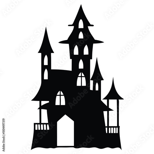 a black and white silhouette of a castle. The castle is tall and has multiple towers with pointed spires on top