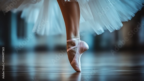 A ballerina's foot in pointe shoes,  elegantly poised on the wooden floor of a dance studio, showcasing the grace and strength of ballet.