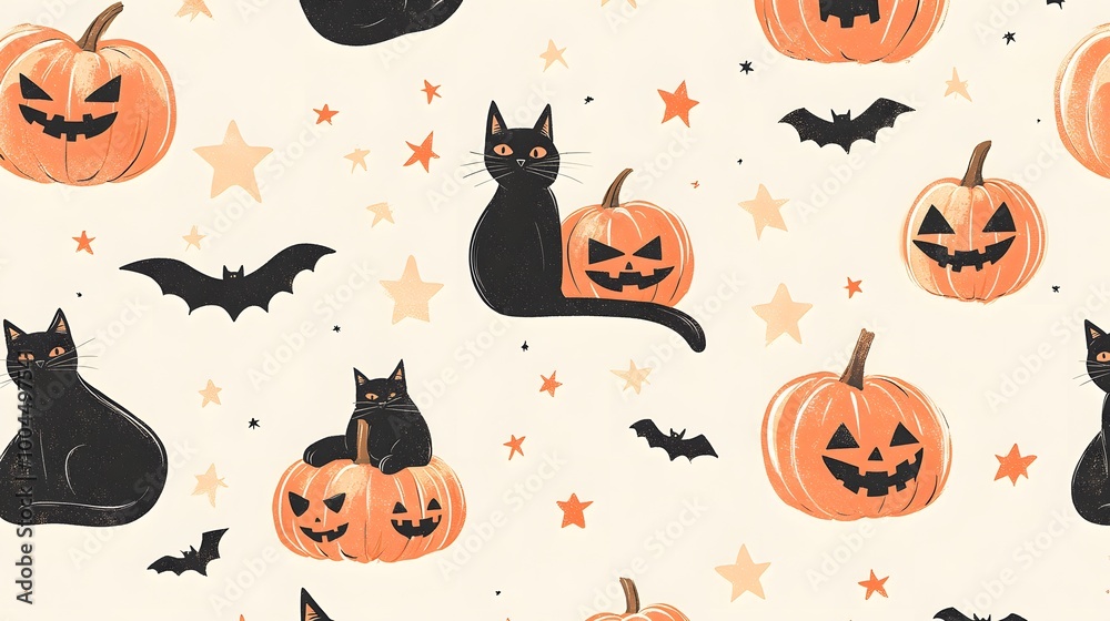 A playful Halloween pattern of pumpkins, cats curled up next to jack-o'-lanterns, and bats flying between stars, all in pastel orange on a soft cream background A playful Halloween pattern of pumpkins, cats curled up next to jack-o'-lanterns, and bats flying between stars, all in pastel orange on a soft cream background