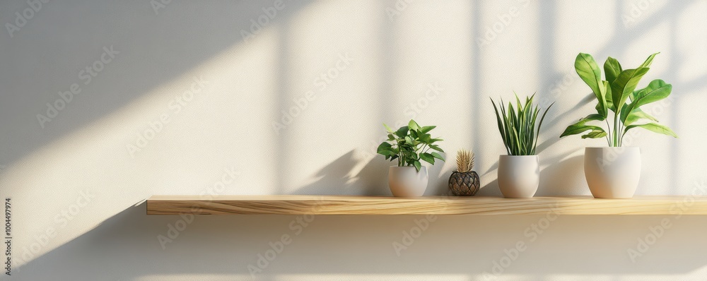 Elegant wooden shelf with potted plants, in a minimalist, light-filled space, copy space Elegant wooden shelf with potted plants, in a minimalist, light-filled space, copy space