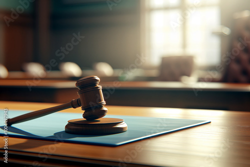 A gavel being raised high in the courtroom, symbolizing both justice. 3d illustration.