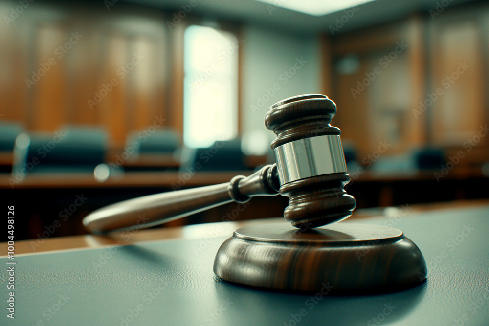 A gavel being raised high in the courtroom, symbolizing both justice. 3d illustration.