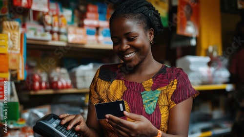 Happy African woman using smartphone and card reader in local grocery store.