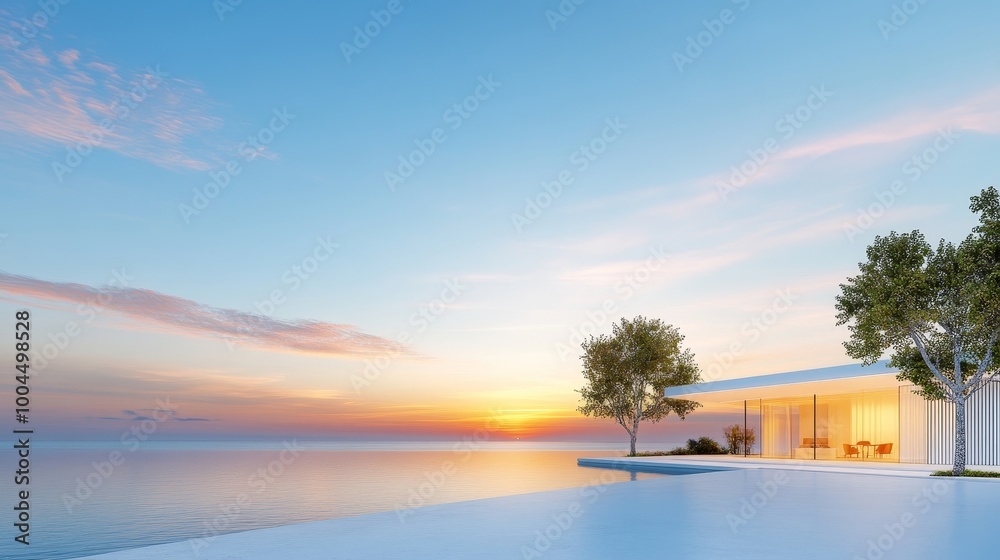 Fototapeta premium Modern Waterfront House with Sunset View