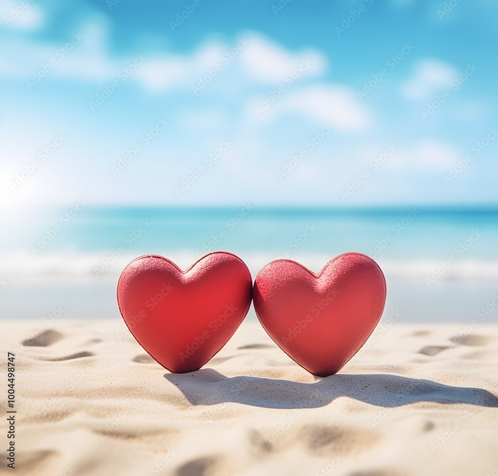 Red Wooden Hearts on Sandy Beach with Ocean View Red Wooden Hearts on Sandy Beach with Ocean View