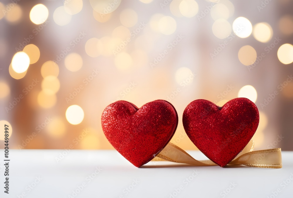 Two Red Glitter Hearts On White Table With Bokeh Background Two Red Glitter Hearts On White Table With Bokeh Background