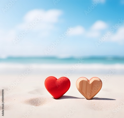 Wooden & Red Hearts on Beach Valentine's Day