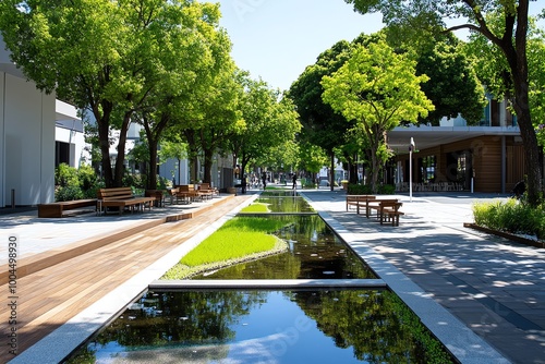 An urban street transformed into a green space with trees and seating areas, where the city blends nature into the urban landscape photo