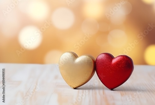 Golden and Red Hearts on White Table with Bokeh Background