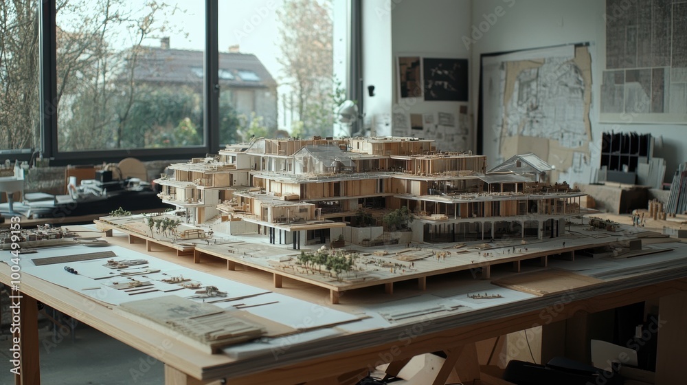 Architectural model display in a bright studio. Urban planning and design project concept Architectural model display in a bright studio. Urban planning and design project concept
