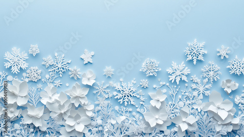 White paper flowers and snowflakes arranged on a light blue background for winter decoration and crafts
