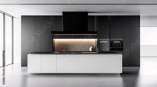 A minimalist kitchen with white cabinets and an all-black island in the center. The design focuses on simplicity with no clutter, clean surfaces, and monochrome details