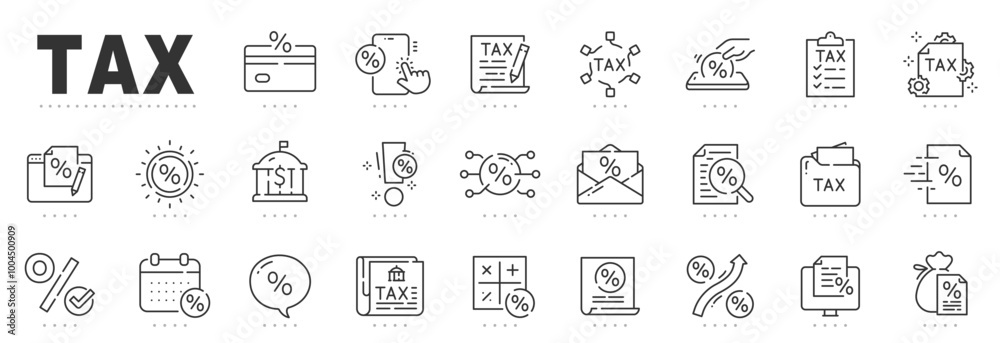 Set of tax related line icons. Payment,, report, fee, percent etc. Editable stroke. Set of tax related line icons. Payment,, report, fee, percent etc. Editable stroke.