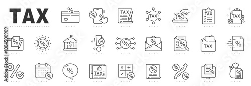 Set of tax related line icons. Payment,, report, fee, percent etc. Editable stroke.