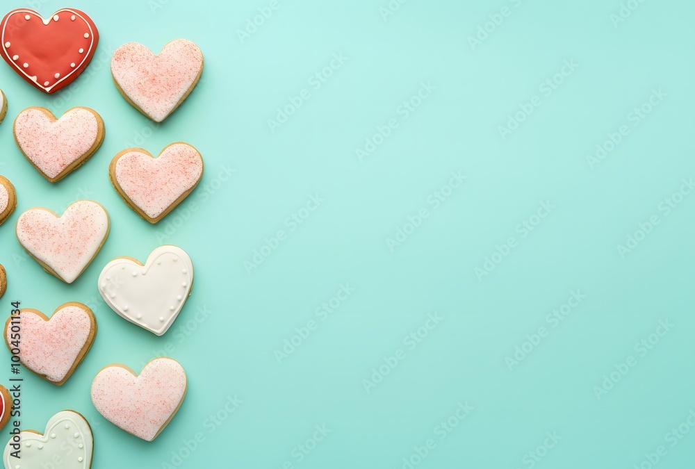 Valentine's Day Heart Cookies on Pastel Green Background Valentine's Day Heart Cookies on Pastel Green Background