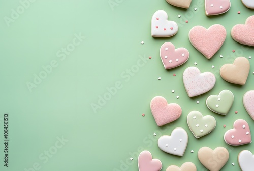 Valentine's Day Heart Cookies Green Background