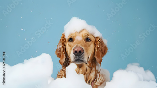 Golden Retriever Covered in Bubbles During Dog Bath, Blue background, blue isolated