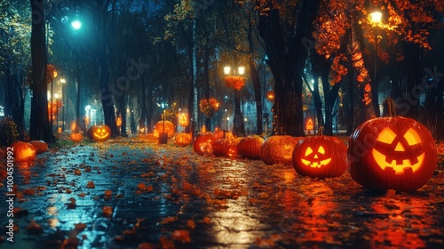 Halloween pumpkins in a spooky city park on Halloween night in autumn, generative AI Fantasy scene in Helloween city photo