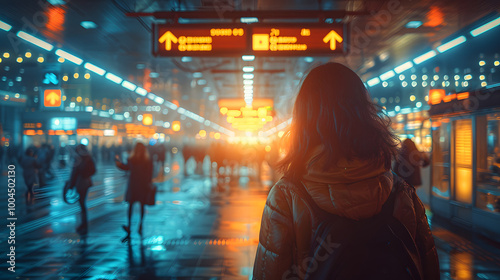 A person with a backpack navigating a crowded train station filled with glowing lights and signs, creating a lively, urban atmosphere