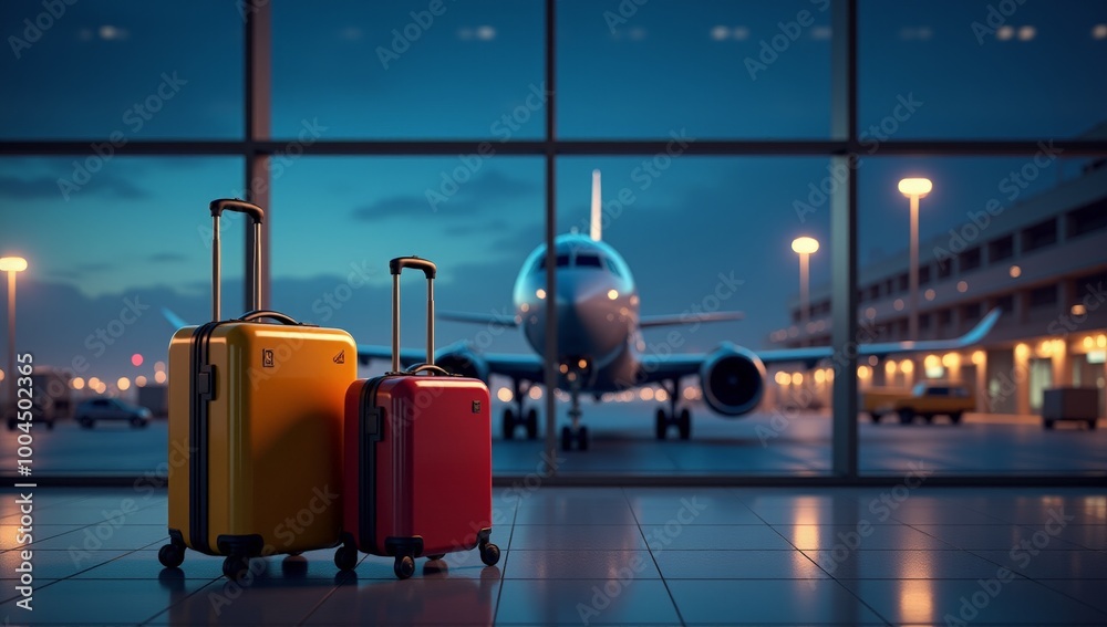 Luggage Suitcases at Airport - Wide Banner with Copy Space for Travel, Vacations, and Holiday Marketing