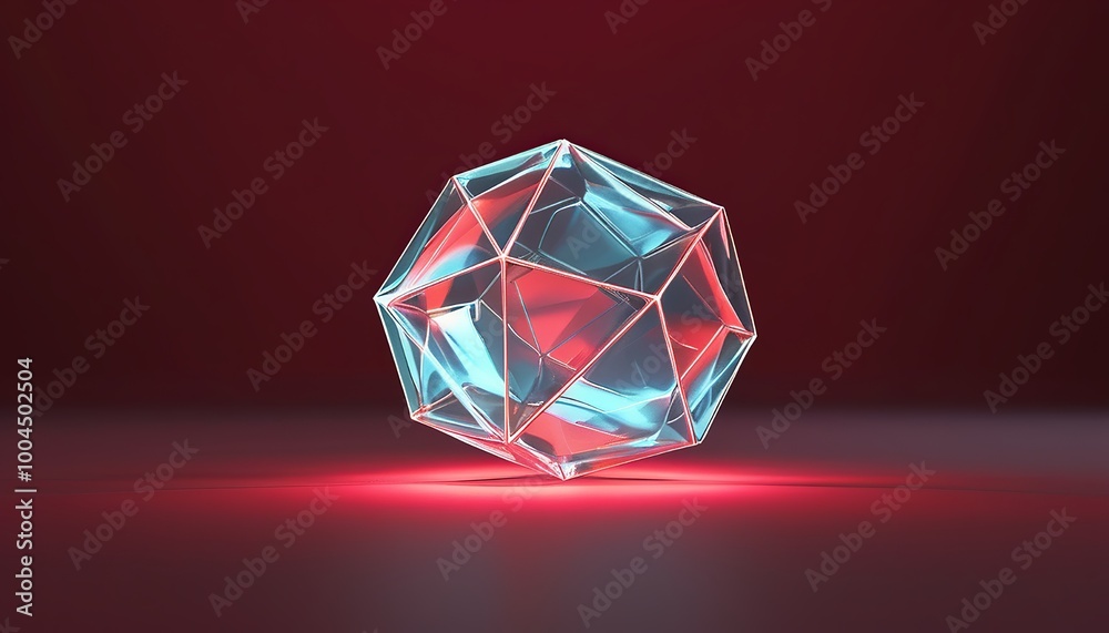 3D Abstract transparent icosahedron with glowing edges above a flat burgundy surface. Made with generative AI technology 3D Abstract transparent icosahedron with glowing edges above a flat burgundy surface. Made with generative AI technology