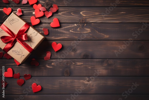 Valentine's Day Gift Box With Red Hearts On Wood