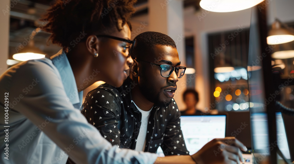 A leadership mentor guiding a young executive in a high-tech office, sharing best practices and strategies for global business success. A leadership mentor guiding a young executive in a high-tech office, sharing best practices and strategies for global business success.