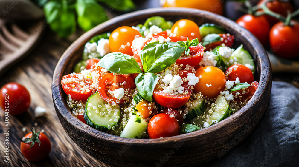 A refreshing quinoa salad with cherry tomatoes, cucumbers, and feta cheese. A refreshing quinoa salad with cherry tomatoes, cucumbers, and feta cheese.