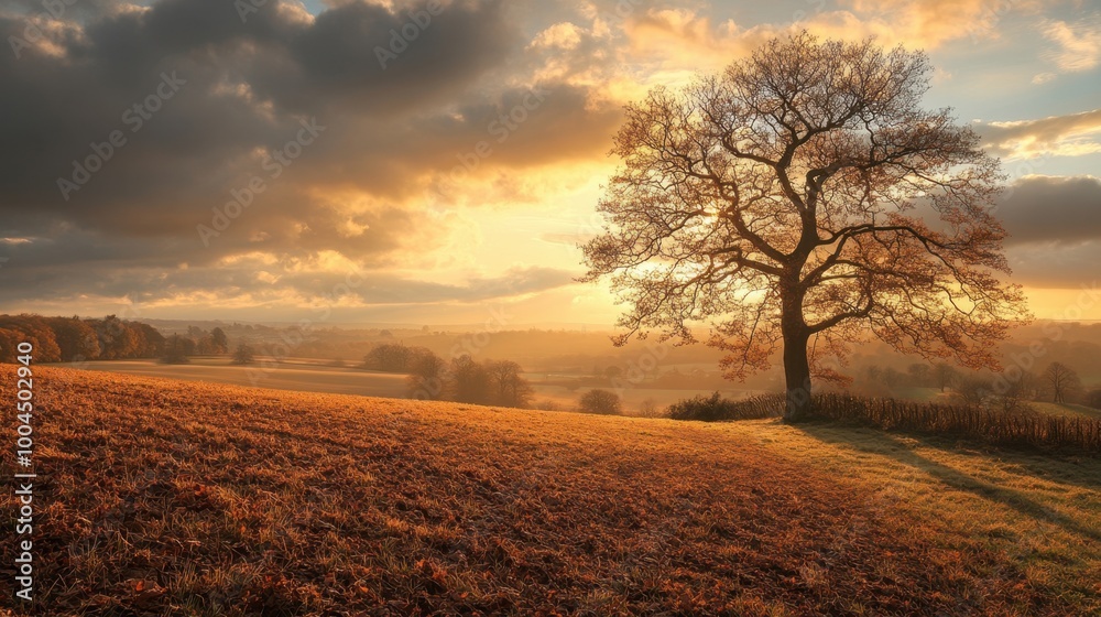 Fototapeta premium Autumn sunset with a lone tree