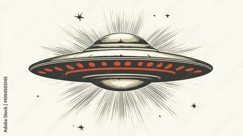 A classic flying saucer design with radiating light and stars in the background. A classic flying saucer design with radiating light and stars in the background.