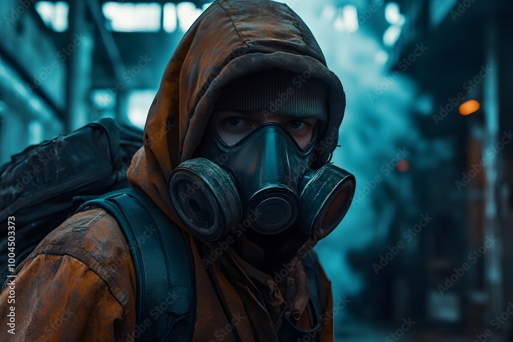 A man in a gas mask and hooded jacket looks directly at the camera. A man in a gas mask and hooded jacket looks directly at the camera.