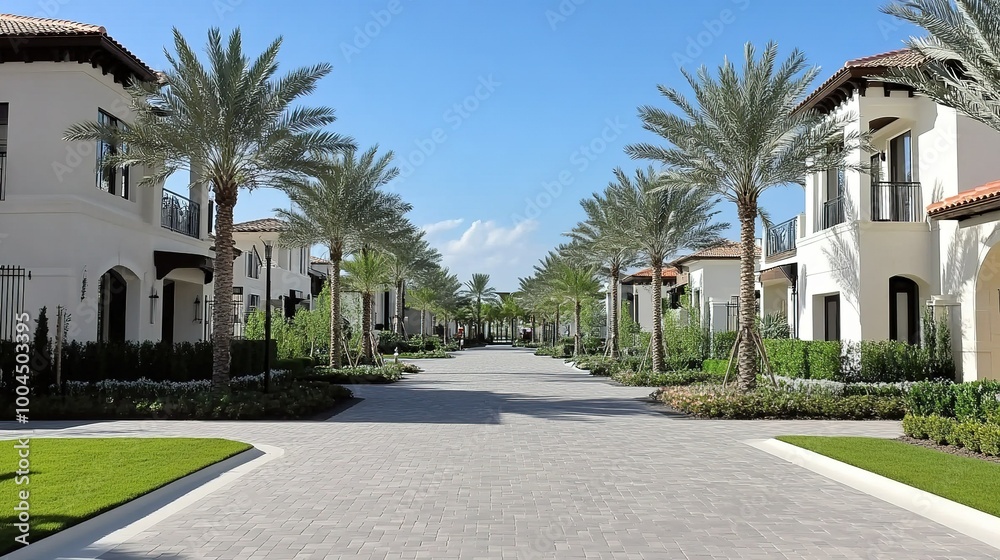 Fototapeta premium A sunny afternoon stroll through a serene tree-lined residential street in an upscale neighborhood
