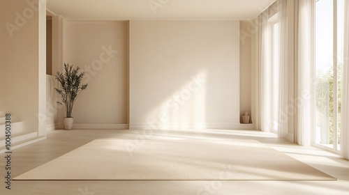 A minimalist living room featuring a single beige rug in the center of the room. The surrounding area is completely empty, emphasizing clean, open floor space and natural light photo