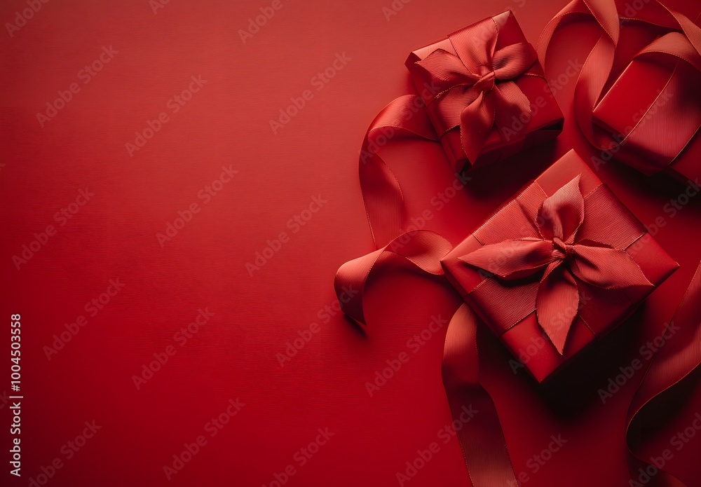 Red Gift Boxes With Ribbon On Red Background Red Gift Boxes With Ribbon On Red Background
