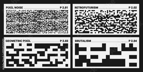 Modern Abstract Pixel Posters. Brutalist geometric print. Design vertical template for event in Minimalism style. Retro futurism aesthetic for web page, posters. Blake and white grid