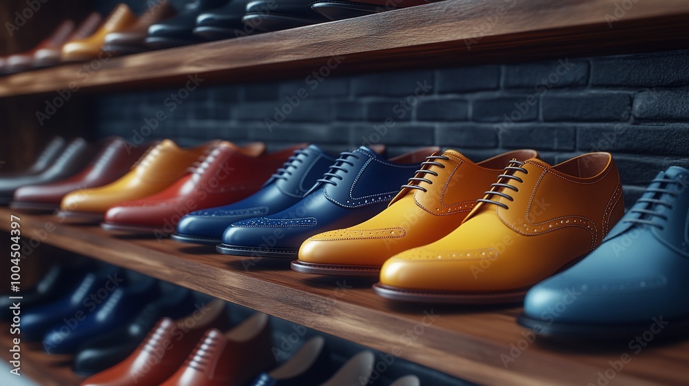 Rows of colorful leather shoes on wooden shelves in a shoe store. Rows of colorful leather shoes on wooden shelves in a shoe store.